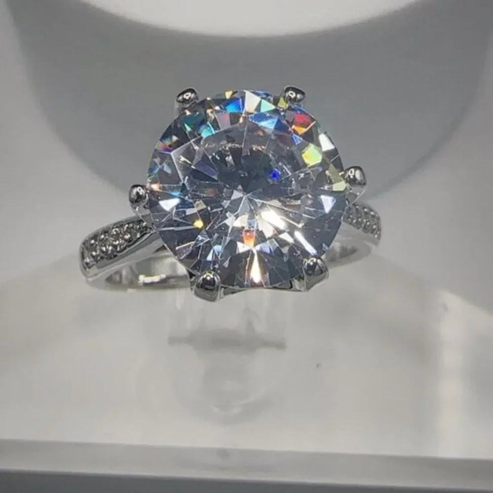 Round Cut Simulated Diamond Engagement Ring With Pave Band In Silver Tone 4CT - Picture 2 of 9